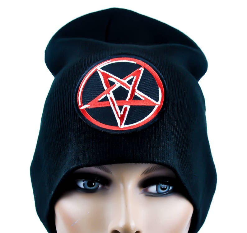 Red Black Metal Style Inverted Cross Cuff Beanie Knit Cap Occult Evil Clothing