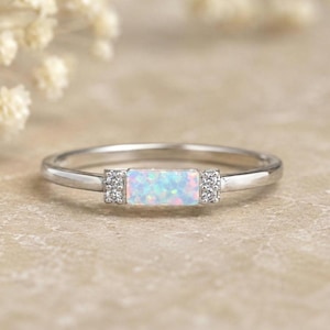 Opal Ring | 925 Sterling Silver Ring | Dainty Stackable Opal Band | October Birthstone | Promise Ring