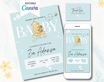 Convite editável para chá de bebê do Ursinho Pooh | Convite Digital | Modelo Canva do Ursinho Pooh Azul | Download instantâneo