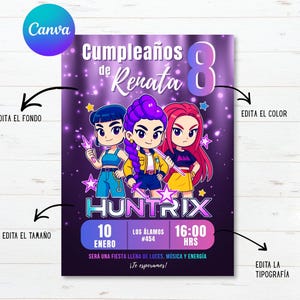K&ouml;nnte beinhalten: Eine lila Geburtstagseinladung mit Illustrationen von drei Cartoon-M&auml;dchen. Die Einladung enth&auml;lt den Text "Cumplea&ntilde;os de Renata 8" und Veranstaltungsdetails. Das Wort "HUNTRIX" ist prominent dargestellt.