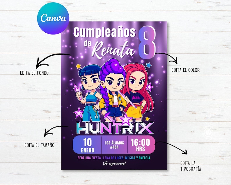 K&ouml;nnte beinhalten: Eine lila Geburtstagseinladung mit Illustrationen von drei Cartoon-M&auml;dchen. Die Einladung enth&auml;lt den Text "Cumplea&ntilde;os de Renata 8" und Veranstaltungsdetails. Das Wort "HUNTRIX" ist prominent dargestellt.