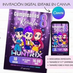 K&ouml;nnte beinhalten: Digitale Einladung mit dem Text "Cumplea&ntilde;os de Renata 8" mit Zeichentrickfiguren. Die Einladung enth&auml;lt den Text "HUNTRIX" und Veranstaltungsdetails. Ein Smartphone zeigt das gleiche Design. Das Canva-Logo ist sichtbar.