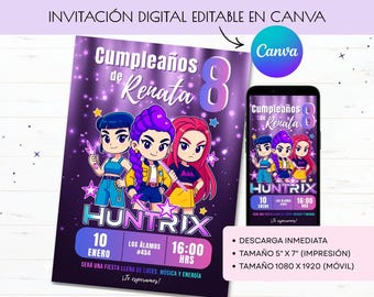 Convite de aniversário estilo Kpop Caçadores de Demônios, modelo editável no Canva, convite Huntrix em espanhol, download digital.