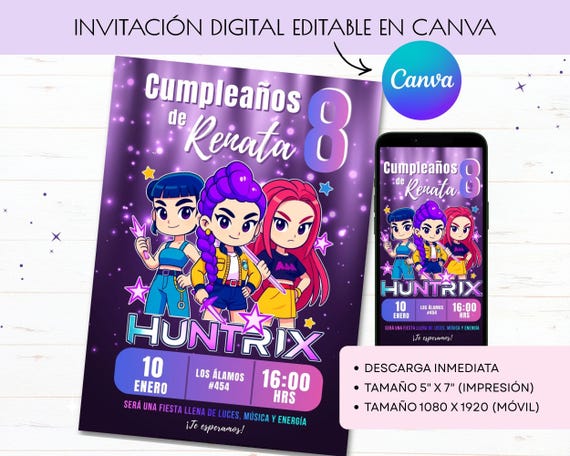 Invitación de cumpleaños de Cazadores de Demonios Kpop, plantilla editable de Canva, invitación de Huntrix Español, descarga digital.