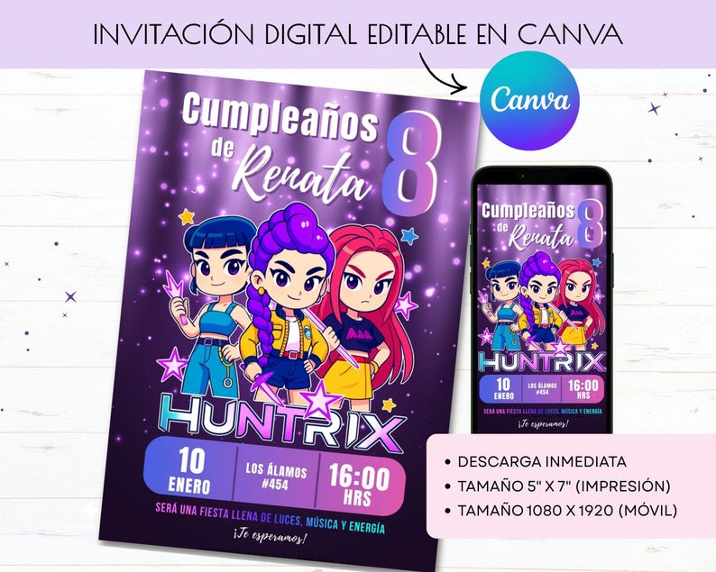 K&ouml;nnte beinhalten: Digitale Einladung mit dem Text "Cumplea&ntilde;os de Renata 8" mit Zeichentrickfiguren. Die Einladung enth&auml;lt den Text "HUNTRIX" und Veranstaltungsdetails. Ein Smartphone zeigt das gleiche Design. Das Canva-Logo ist sichtbar.