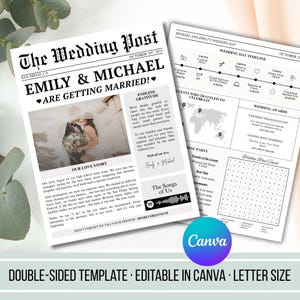 May include: Double-sided wedding newspaper template with the headline "EMILY & MICHAEL ARE GETTING MARRIED!" Includes wedding details, timeline, and a word search. Editable in Canva, letter size.