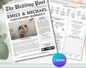 Programa de Casamento Editável – Estilo Jornal | Modelo de Carta Dupla-face dos EUA | Design Canva para Imprimir