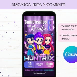 K&ouml;nnte beinhalten: Ein Smartphone zeigt eine digitale Einladung zu einer Geburtstagsfeier. Die Einladung zeigt drei Zeichentrickfiguren mit bunten Haaren, den Text "Cumplea&ntilde;os de Renata" und Veranstaltungsdetails. Das Canva-Logo ist sichtbar.
