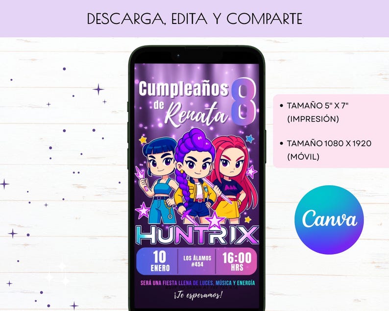 K&ouml;nnte beinhalten: Ein Smartphone zeigt eine digitale Einladung zu einer Geburtstagsfeier. Die Einladung zeigt drei Zeichentrickfiguren mit bunten Haaren, den Text "Cumplea&ntilde;os de Renata" und Veranstaltungsdetails. Das Canva-Logo ist sichtbar.