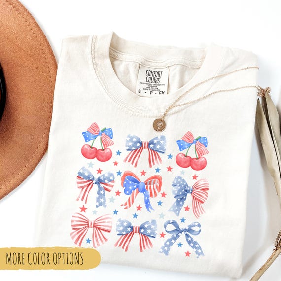 Patriotic Bow Shirt, Comfort Colors® USA Cherry Graphic Tee, 4th Of July Outfit Independence Day Top, Red White And Blue American Pride Gift