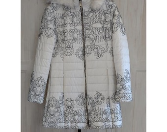 Vintage witte damesjas met capuchon voor de helft van het seizoen, damesjas voor de helft van het seizoen, cadeau, damesjas met polyester vulling, vintage damesjas