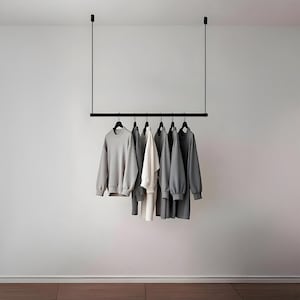 天井取り付け式洋服ラック：マットブラック木製吊り下げ洋服ラック