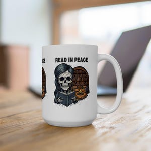 Skull-Themed Ceramic Mug, Read in Peace Coffee Cup, Perfect Gift for Book Lovers, Halloween Decor, Unique, Funny, Trendy, Gift for Her,