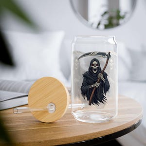 Dark Fantasy Sipper Glass, 16oz, Perfect for Halloween Parties, Unique Gift for Dark Aesthetic Lovers, Spooky Drinkware, Grim Reaper Graphic