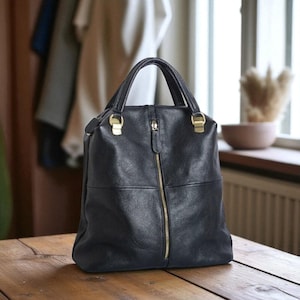 Cowhide Leather Backpack for Women | Medium Black Travel Bag | Minimalist Handbag | Top Handle Shoulder Bag | Stylish Gift for Her | Purse