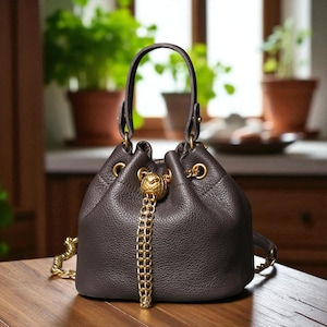 Vintage Black Leather Bucket Bag | Women’s Midi Pouch Purse | Italian Soft Leather Handbag | Red Fringe Wristlet | Gold Chain Bag