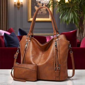 2PC PU Leather Bag Set for Women | Large Shoulder Tote with Cow Print | Multi-Pocket Handbag | Designer Work Purse | Stylish Daily Bag