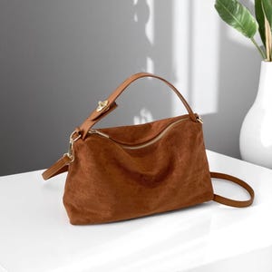 Autumn Winter Boston Tote Bag | Soft Suede Leather Handbag | Women Shoulder Crossbody Bag | Grey Brown Purse | Large Stylish Bag