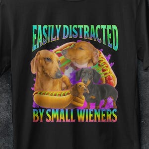 Può includere: T-shirt nero con una grafica colorata raffigurante bassotti e un hot dog. Il testo "EASILY DISTRACTED BY SMALL WIENERS" è in un font multicolore. La maglietta ha anche il logo AA STORE 16.