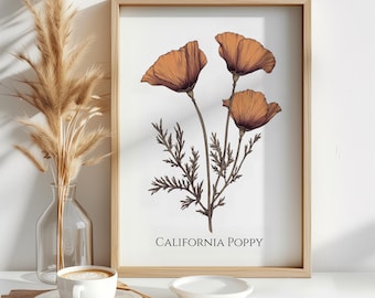 California Poppy Botanical Print – Vintage Wildflower Wall Art – Digital Download Printable Poster – Multiple Sizes