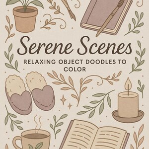 May include: An illustration with the text "Serene Scenes" and "Relaxing Object Doodles to Color." The image features a potted plant, slippers, a cup of coffee, a candle, and other objects, all in a soft, neutral color palette.