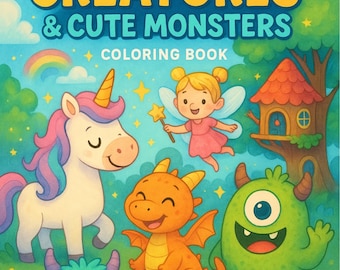 May include: A coloring book cover featuring a unicorn, a fairy, a dragon, and two monsters. The book is titled "Magical Creatures & Cute Monsters Coloring Book".