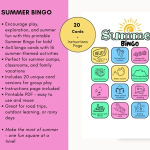 Attività per bambini, cartelle del bingo estivo stampabili, attività estive divertenti all'aperto, gioco al campo estivo, serata di giochi in famiglia, bingo per le vacanze estive, lettera USA