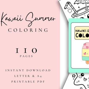 Lindo libro para colorear de verano: 110 divertidas hojas kawaii imprimibles para niños, adolescentes y adultos. Descarga digital. Tamaños A4 y carta.