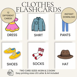 Fiches de vêtements pour enfants - Fiches de vocabulaire vestimentaires imprimables - 12 mots sur la tenue - 2 tailles - A4 et lettre US - Téléchargement immédiat