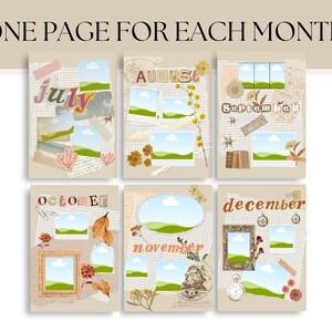 May include: A collage-style calendar layout with the text "ONE PAGE FOR EACH MONTH" at the top. Each month is represented with a unique design, including photos, floral elements, and decorative accents. The months of July, August, September, October, November, and December are visible.