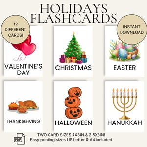Flashcards de férias para crianças – Aprendizagem pré-escolar para impressão – 2 tamanhos – A4 e Carta dos EUA – Cartões educativos para crianças pequenas