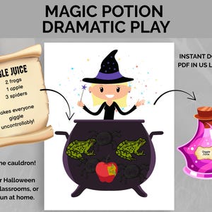 May include: A whimsical illustration for dramatic play featuring a witch with a cauldron, potion bottle, and scroll. The cauldron contains frogs, spiders, and an apple. The scroll lists ingredients for "Giggle Juice". The image includes the text "Magic Potion Dramatic Play".