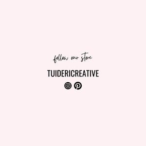 May include: A pale pink background with the words "follow our store" in a handwritten font. Below, the text "TUIDERICREATIVE" is in a bold, sans-serif font. The Instagram and Pinterest logos are below the text.
