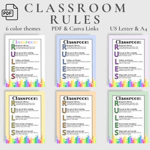 Editable Classroom Rules Sign Kindergarten Classroom Decor Preschool Rules Classroom Banner Rainbow Colors US Letter & A4 Size Printable