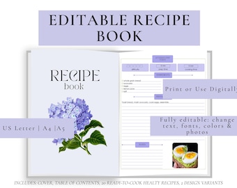 Family Recipe Book - Hydrangea Design | Personalized Cookbook Template | Printable A5 | Blank Recipe Pages