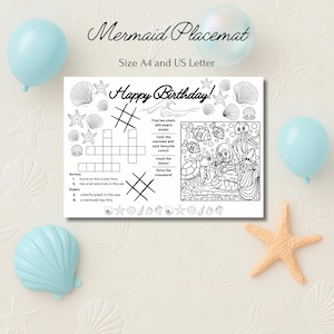 Mermaid Birthday Placemat Printable Activity Sheet for Kids Ocean Party Games Coloring, Puzzle & More Digital Download