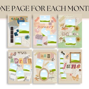 May include: A collage-style layout featuring six pages, each representing a month. The pages are adorned with decorative elements like paper scraps, floral accents, and photo placeholders. The text "ONE PAGE FOR EACH MONTH" is at the top.