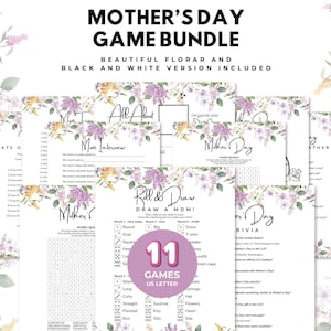 Puede incluir: Un paquete de juegos del Día de la Madre con 11 juegos, que incluyen búsquedas de palabras, trivialidades y actividades de dibujo. Los juegos presentan diseños florales y están disponibles en hermosas versiones florales y en blanco y negro. El texto de los juegos incluye "Mother's Day" y "Draw a Mom!"