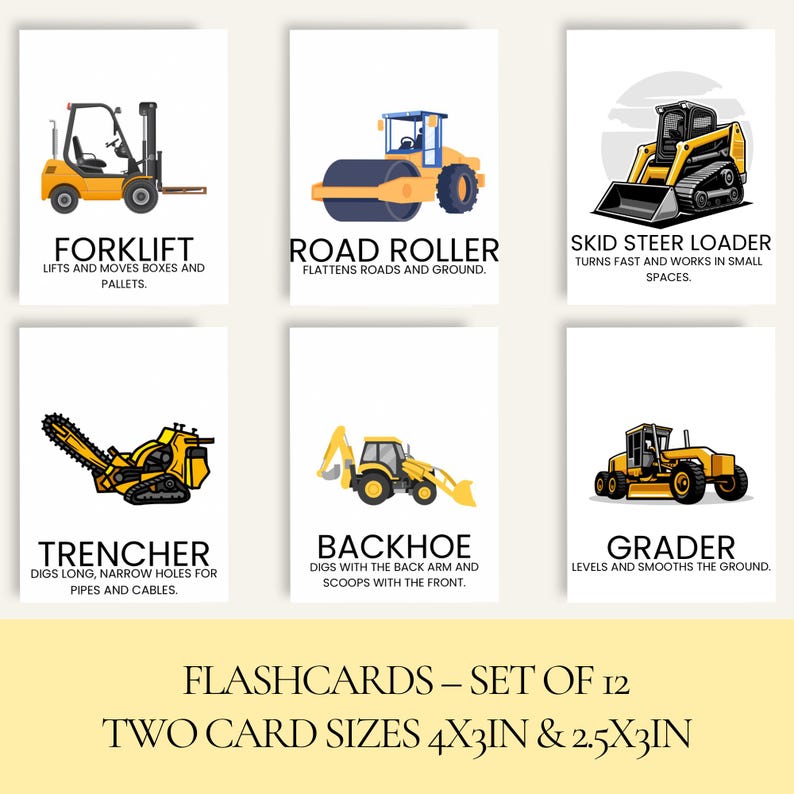 Flashcards for Kids Construction Vehicles Printable Preschool Learning ...