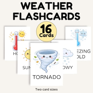 Op de afbeelding: Weer flashcards met illustraties van weersomstandigheden, waaronder een lachende zon, een tornado en een sneeuwvlok. De set bevat 16 kaarten en de tekst "Two card sizes".