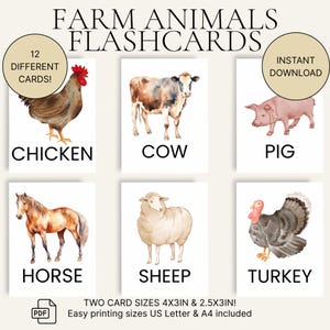 Flashcards de animais da fazenda para crianças, conjunto de 12 imprimíveis de animais da fazenda, cartões Montessori de aquarela, 2 tamanhos, animais da fazenda para crianças pequenas