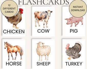 Bauernhof Tiere Karteikarten für Kinder, Bauernhof Tiere Printables Set von 12, Aquarell Montessori Karten, 2 Größen, Bauernhof Tiere Kleinkinder