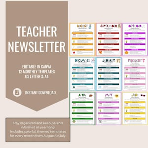 Teacher Monthly Newsletter Template Bundle 12 Editable Canva Newsletters Back to School Printable Printable Teacher Resources
