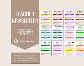 Teacher Monthly Newsletter Template Bundle 12 Editable Canva Newsletters Back to School Printable Printable Teacher Resources
