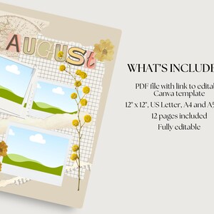 May include: A beige digital planner page with the word "AUGUST" in colorful letters. The page includes three photo frames with landscape images, decorative flowers, and the text "WHAT'S INCLUDED?" with details about the planner.