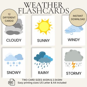 Cartes météo pour enfants - Imprimables d'inspiration Montessori - 12 cartes météo en 2 tailles - PDF A4 et lettre US - Téléchargement immédiat