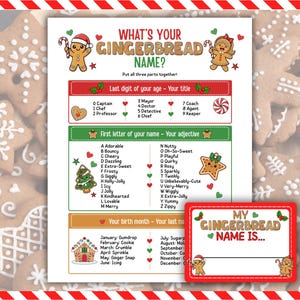 May include: A white activity sheet titled What's Your Gingerbread Name? with instructions to combine age, name, and birth month for a festive name. Includes a matching red name tag card with the text My Gingerbread Name Is and a blank line.