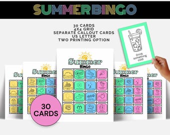 Tarjetas de bingo de verano imprimibles. Actividad infantil divertida al aire libre. Campamento de verano. Noche de juegos en familia. Bingo de vacaciones de verano.