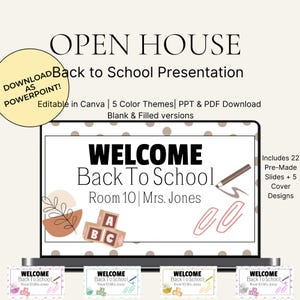 Può includere: Un modello di presentazione digitale per un open house di ritorno a scuola. Il design presenta le parole "WELCOME Back To School" e include 22 diapositive pre-fatte e 5 design di copertina. Il modello è modificabile in Canva.