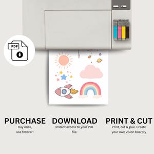 May include: A printer is shown with a printed sheet featuring a sun, stars, a rocket, a cloud, and a rainbow. The text on the image says "PURCHASE", "DOWNLOAD", and "PRINT & CUT".